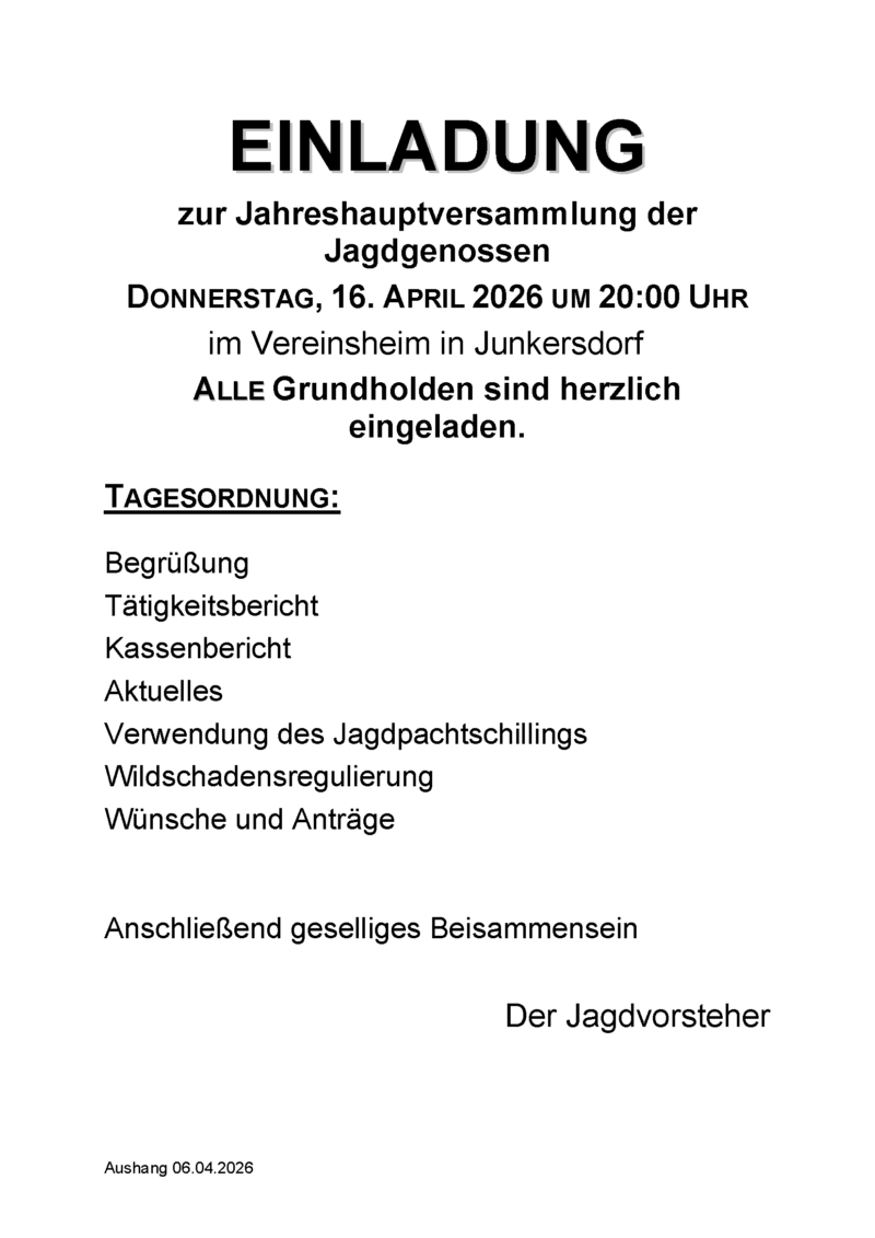 Eventfoto Jahreshauptversammlung der Jagdgenossenschaft Junkersdorf